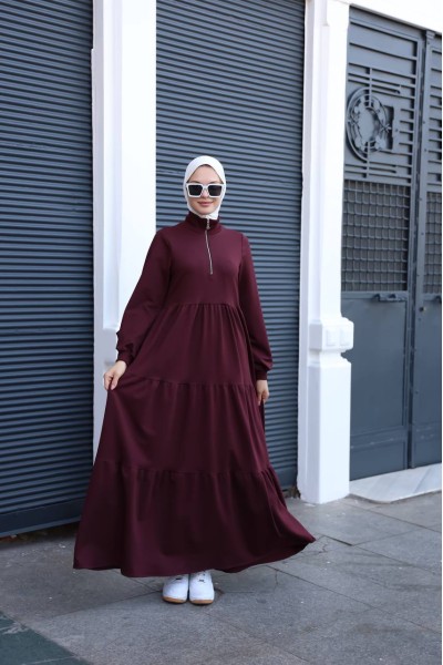 1573 Fermuar Detaylı Elbise - Bordo 