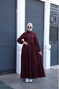1573 Fermuar Detaylı Elbise - Bordo 