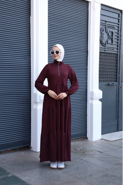 1573 Fermuar Detaylı Elbise - Bordo  