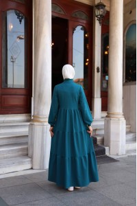 1573 Fermuar Detaylı Elbise - Petrol 