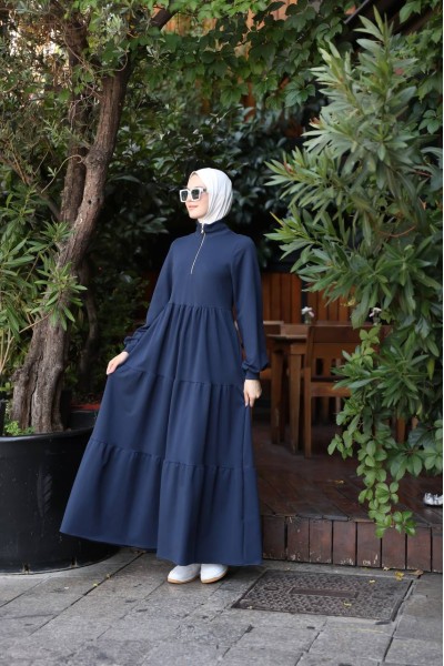 1573 Fermuar Detaylı Elbise - Lacivert  