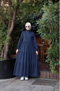 1573 Fermuar Detaylı Elbise - Lacivert 