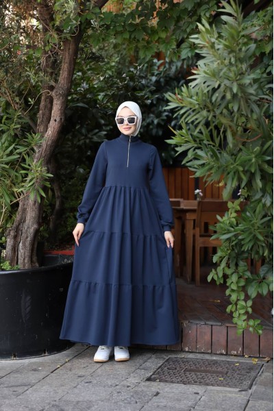 1573 Fermuar Detaylı Elbise - Lacivert 