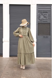 1580 Nakış Detaylı Elbise - Yeşil 