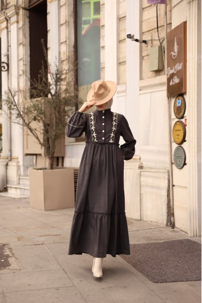  1580 Nakış Detaylı Elbise - Füme  