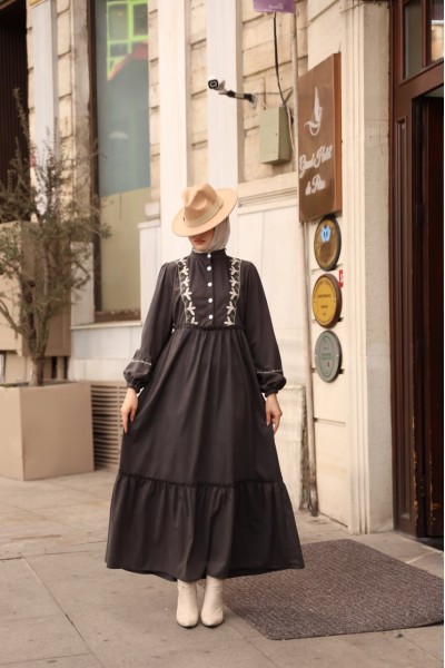  1580 Nakış Detaylı Elbise - Füme  