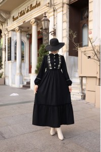 1580 Nakış Detaylı Elbise - Siyah