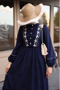 1580 Nakış Detaylı Elbise - Lacivert 