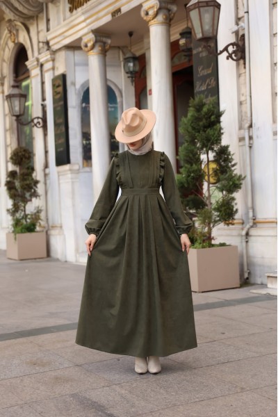 1581 Fermuar Detaylı Elbise - Haki  