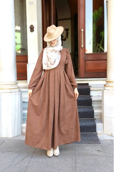 1581 Fermuar Detaylı Elbise - Taba  