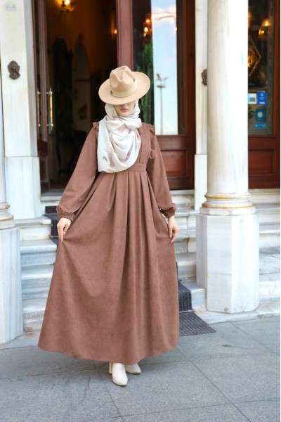 1581 Fermuar Detaylı Elbise - Taba  