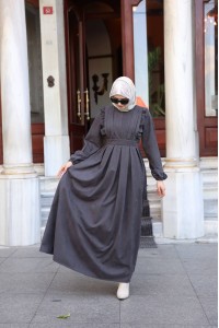 1581 Fermuar Detaylı Elbise - Gri 
