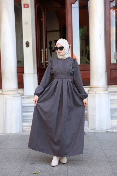 1581 Fermuar Detaylı Elbise - Gri  