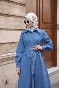 1586 Çıtçıtlı Kot Elbise - Açık Kot 