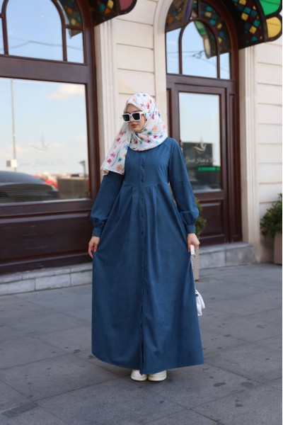 1596 Düğme Detaylı Elbise - Petrol  