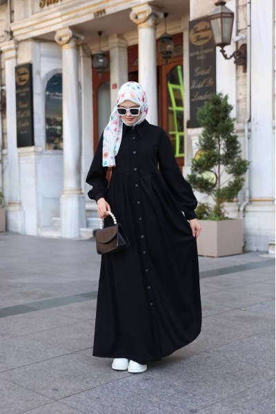 1596 Düğme Detaylı Elbise - Siyah  