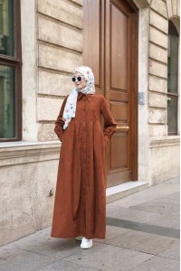 1596 Düğme Detaylı Elbise - Taba 