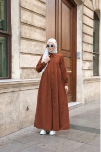 1596 Düğme Detaylı Elbise - Taba 