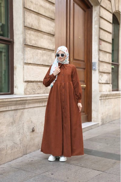1596 Düğme Detaylı Elbise - Taba  