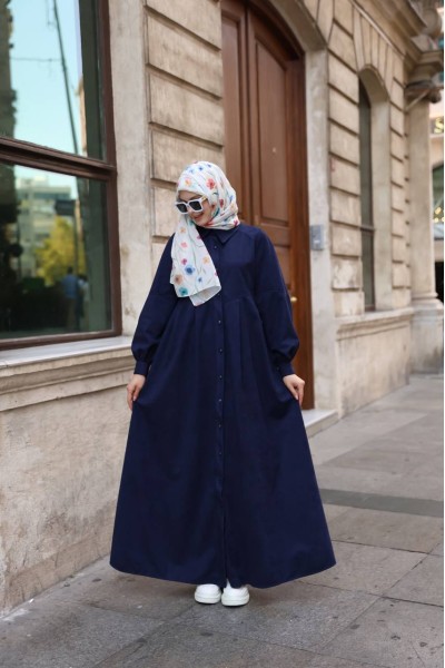 1596 Düğme Detaylı Elbise - Lacivert  