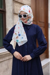 1596 Düğme Detaylı Elbise - Lacivert 