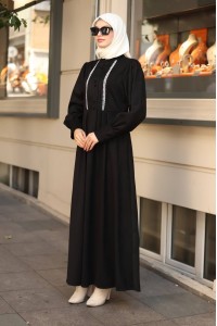 1601 Dantel Detaylı Elbise - Siyah 