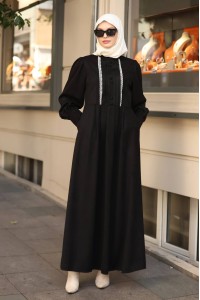 1601 Dantel Detaylı Elbise - Siyah 