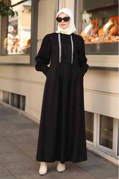  1601 Dantel Detaylı Elbise - Siyah  