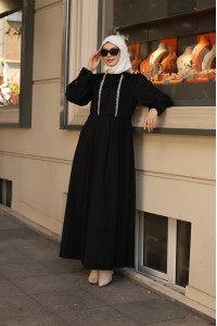 1601 Dantel Detaylı Elbise - Siyah 
