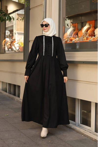  1601 Dantel Detaylı Elbise - Siyah  