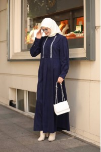 1601 Dantel Detaylı Elbise - Lacivert 