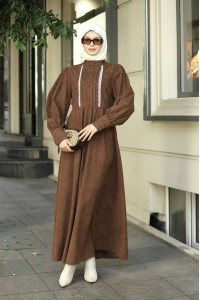 1601 Dantel Detaylı Elbise - Taba