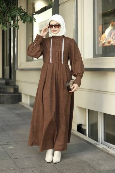  1601 Dantel Detaylı Elbise - Taba  