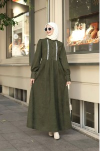 1601 Dantel Detaylı Elbise - Haki 