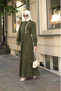 1601 Dantel Detaylı Elbise - Haki 