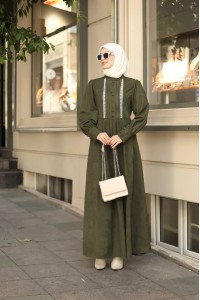 1601 Dantel Detaylı Elbise - Haki 