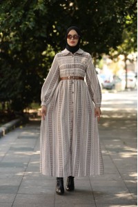 1604 Çizgili Kışlık Elbise - Bej 