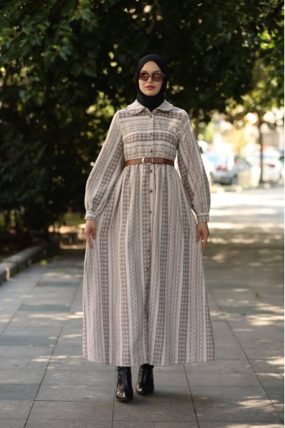 1604 Çizgili Kışlık Elbise - Bej 