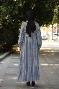 1604 Çizgili Kışlık Elbise - Mavi 