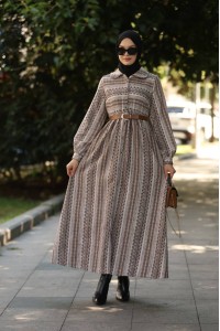1604 Çizgili Kışlık Elbise - Kahve 