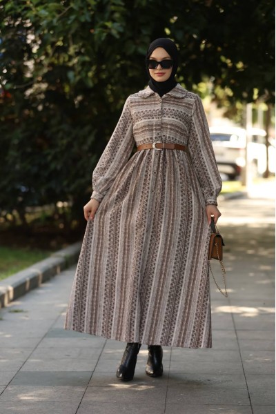 1604 Çizgili Kışlık Elbise - Kahve  
