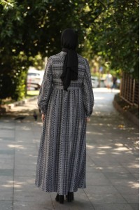 1604 Çizgili Kışlık Elbise - Siyah 