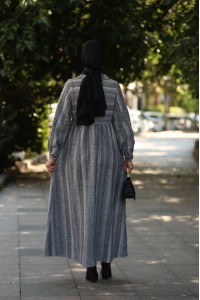 1604 Çizgili Kışlık Elbise - Gri 