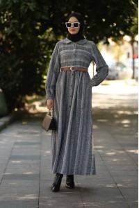 1604 Çizgili Kışlık Elbise - Gri 