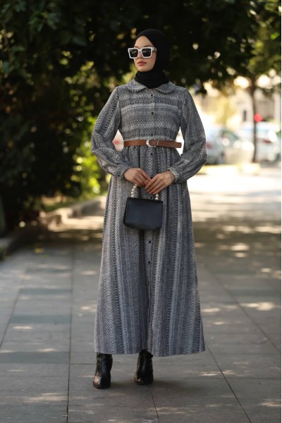 1604 Çizgili Kışlık Elbise - Gri 