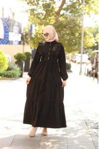 1613 Kendinden Desenli Elbise - Siyah 