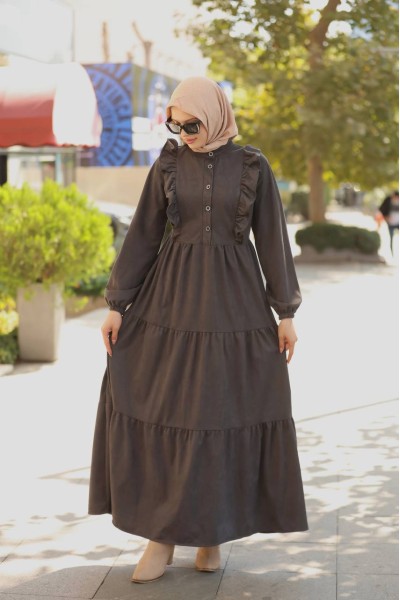 1613 Kendinden Desenli Elbise - Füme  