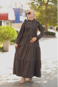 1613 Kendinden Desenli Elbise - Füme 
