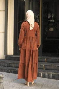 1613 Kendinden Desenli Elbise - Taba 