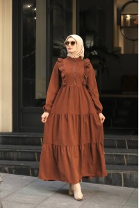1613 Kendinden Desenli Elbise - Taba 